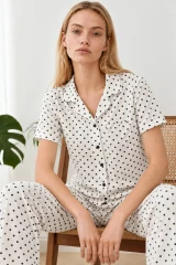 Kadın Relax Fit Puantiyeli Beyaz Pijama Takımı 4857