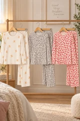 3 Lü Kadın Comfort Esnek Pijama Takımı Kırmızı