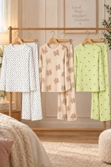 3'Lü Kadın Desenli Uzun Kollu Pijama Takımı Yeşil