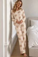 Kadın Şık Uzun Kollu Krem Pijama Takımı