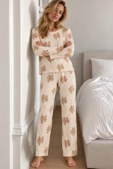 Kadın Şık Uzun Kollu Krem Pijama Takımı