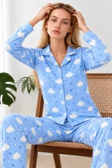 Kadın Desenli Gömlek Yaka Mavi Pijama Takımı 4831