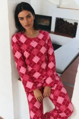 Kadın Çizgili Regular Şık Kırmızı Pijama Takımı
