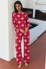 Kadın Çizgili Regular Şık Kırmızı Pijama Takımı