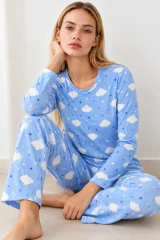 Kadın Kışlık Trend Mavi Gecelik Pijama Takımı 4833