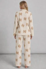 3'Lü Kadın Desenli Uzun Kollu Pijama Takımı Krem