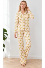 Kadın Desenli Gömlek Yaka Sarı Pijama Takımı 4860