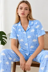 Kadın Desenli Mavi Kısa Kollu Pijama Takımı 4832