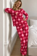 Kadın Çizgili Comfort Fit Kırmızı Pijama Takımı