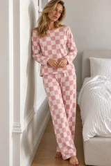 Kadın Çizgili Comfort Fit Pembe Pijama Takımı