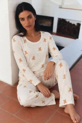 Kadın Şık Esnek Ekru Pijama Takımı