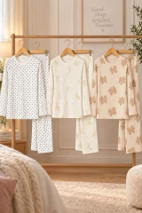 3'Lü Kadın Desenli Uzun Kollu Pijama Takımı Ekru