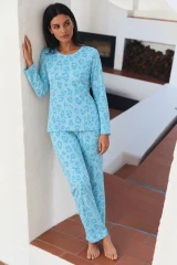 Kadın Desenli Uzun Kollu Rahat M.Yeşili Pijama Takımı Mint Yeşili