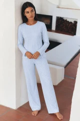 Kadın Çizgili Regular Şık Mavi Pijama Takımı