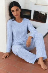 Kadın Çizgili Regular Şık Mavi Pijama Takımı
