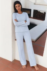 Kadın Çizgili Regular Şık Mavi Pijama Takımı