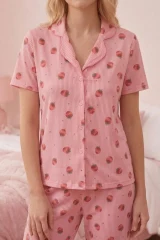 Çilek Desenli Düğmeli Kısa Kollu Pijama Takımı 4588 PEMBE