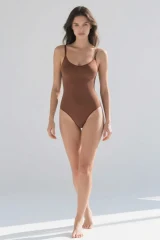 Kadın Poliamid Baskısız Sezonsuz Kahverengi Body