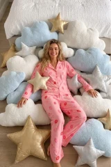 Kadın Gömlek Yaka Uzun Kollu Pembe Pijama Takımı